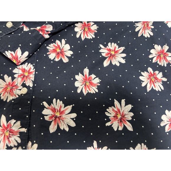 Tommy Hilfiger Womens 1X Button Down Blouse Navy Blue Floral Roll Tab Cotton - Picture 8 of 14